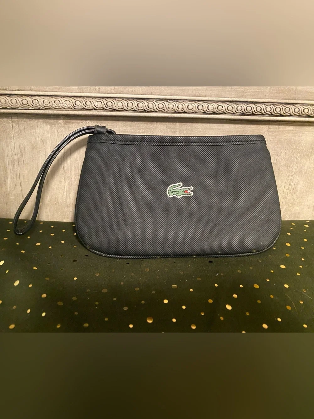 EUC Lacoste Black Piqué Wristlet Pouch with Green Crocodile Logo
